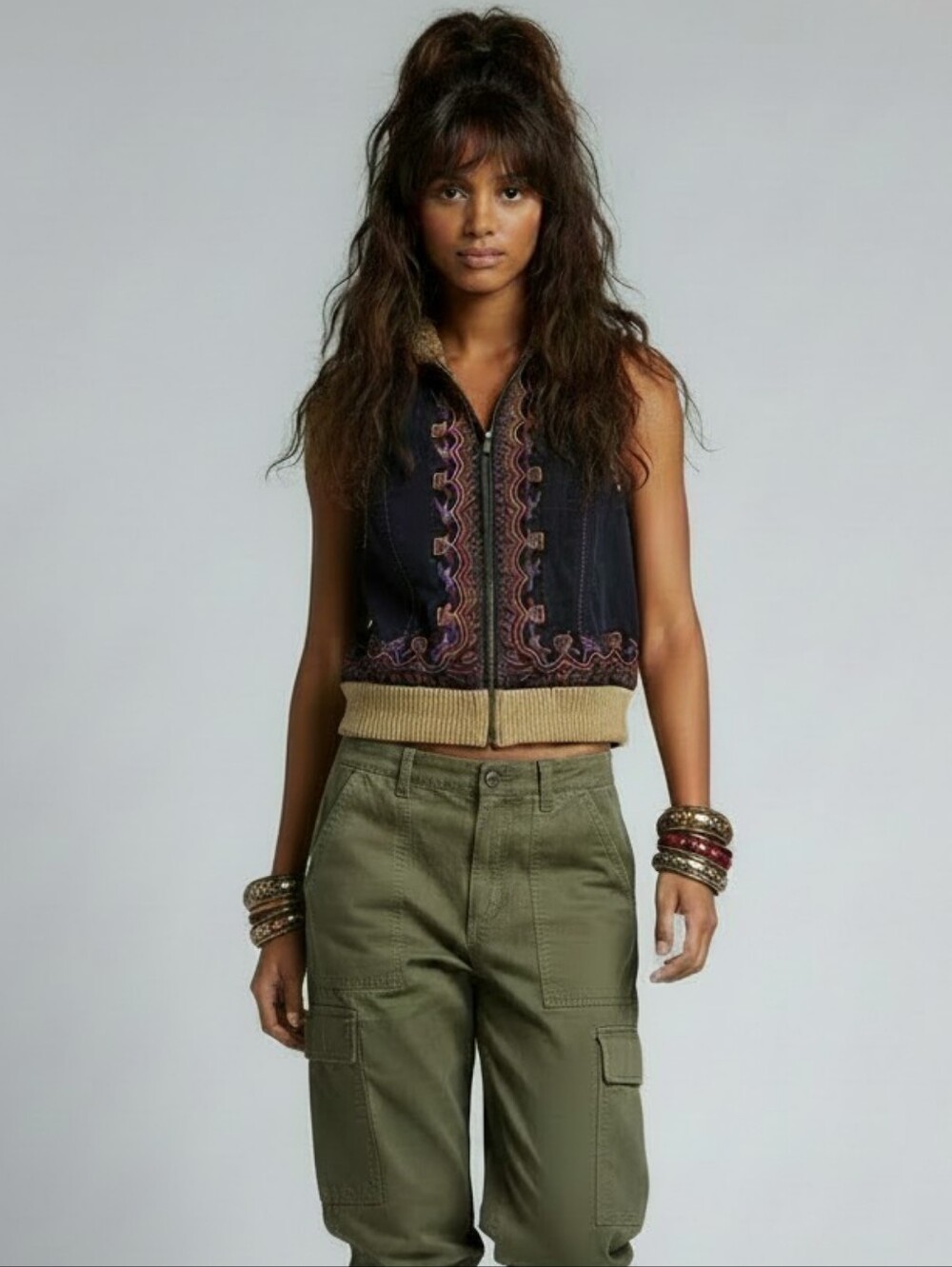 Free People Cropped Hooded Cotton Vest In Blue With Embroidered Detail Sz Small